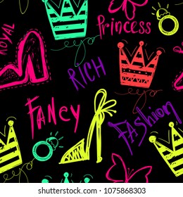 Abstract seamless colorful girlish pattern. Fancy things drawing in sketch style. Trendy teenagers repeated backdrop with crown, high heel shoes, ring, butterflies, hand written text princess, fashion