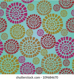 Abstract seamless colorful glamour pattern with circle elements. Pink and yellow summer texture on turquoise background