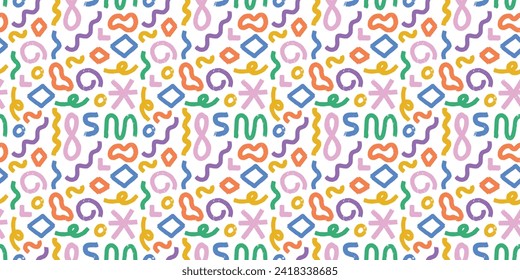 Abstract seamless colorful inky pattern of hand drawn doodle curved line elements. Scandinavian design style. Vector illustration for textile, backgrounds etc