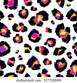 Abstract seamless colorful leopard skin pattern. Animal spots repeat print for sport textile, fashion clothes, wrapping paper. Colorful wild life repeated ornament.