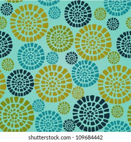 Abstract seamless colorful pattern with circle elements. Ethnic summer texture on turquoise background