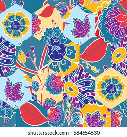 Abstract seamless colorful pattern with hand drawn flowers in patchwork style. Vector illustration.