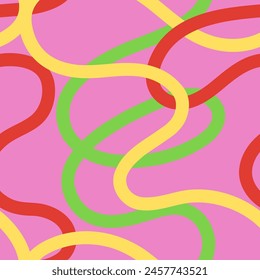 Abstract seamless colorful pattern of lines on pink background, doodles, hand drawn designs