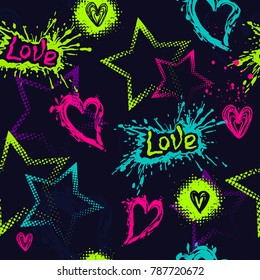 Abstract seamless colorful pattern on black background with Stars, hearts, word graffiti. Romantic repeated backdrop for girls, textile, fashion clothes, wrapping paper. Childish elements. 