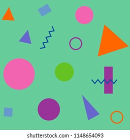 Abstract seamless colorful pattern in trendy memphis style. Background for printing brochure, poster, party, vintage textile design, sport wear. Retro 80's - 90's style. Eps 10 vector illustration.