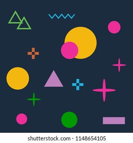 Abstract seamless colorful pattern in trendy memphis style. Background for printing brochure, poster, party, vintage textile design, sport wear. Retro 80's - 90's style. Eps 10 vector illustration.