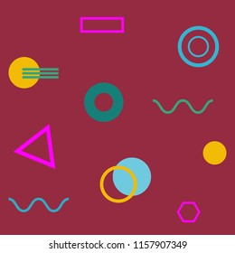 Abstract seamless colorful pattern in trendy 80-90s memphis style. Background for printing brochure, poster, party, vintage textile design, sport wear. Fashion 80-90s. Eps10 vector
