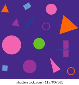 Abstract seamless colorful pattern in trendy memphis style. Background for printing brochure, poster, party, vintage textile design, sport wear. Retro 80's - 90's style. Eps 10 vector illustration.
