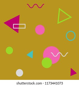 Abstract seamless colorful pattern in trendy memphis style. Background for printing brochure, poster, party, vintage textile design, sport wear. Retro 80's - 90's style. Eps 10 vector illustration.