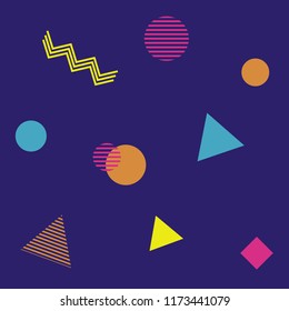 Abstract seamless colorful pattern in trendy memphis style. Background for printing brochure, poster, party, vintage textile design, sport wear. Retro 80's - 90's style. Eps 10 vector illustration.