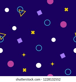 Abstract seamless colorful pattern in trendy memphis style. Background for printing brochure, poster, party, vintage textile design, sport wear. Retro 80's - 90's style. Eps 10 vector illustration.