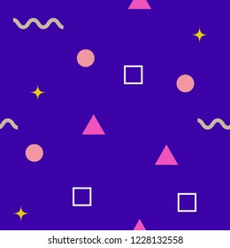 Abstract seamless colorful pattern in trendy memphis style. Background for printing brochure, poster, party, vintage textile design, sport wear. Retro 80's - 90's style. Eps 10 vector illustration.