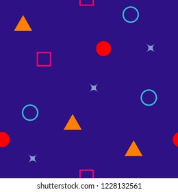 Abstract seamless colorful pattern in trendy memphis style. Background for printing brochure, poster, party, vintage textile design, sport wear. Retro 80's - 90's style. Eps 10 vector illustration.