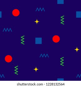 Abstract seamless colorful pattern in trendy memphis style. Background for printing brochure, poster, party, vintage textile design, sport wear. Retro 80's - 90's style. Eps 10 vector illustration.