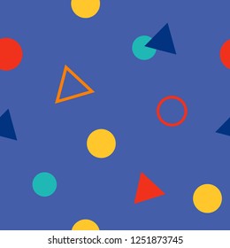 Abstract seamless colorful pattern in trendy memphis style. Background for printing brochure, poster, party, vintage textile design, sport wear. Retro 80's - 90's style. Eps 10 vector illustration.