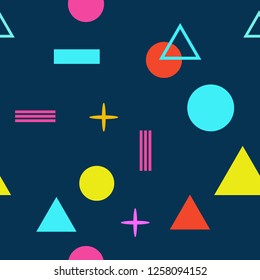 Abstract seamless colorful pattern in trendy memphis style. Background for printing brochure, poster, party, vintage textile design, cover, banner. Retro 80's - 90's style. Eps 10 vector illustration