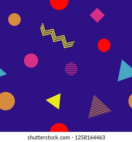 Abstract seamless colorful pattern in trendy memphis style. Background for printing brochure, poster, party, vintage textile design, sport wear. Retro 80's - 90's style. Eps 10 vector illustration.