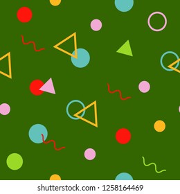 Abstract seamless colorful pattern in trendy memphis style. Background for printing brochure, poster, party, vintage textile design, sport wear. Retro 80's - 90's style. Eps 10 vector illustration.