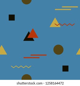 Abstract seamless colorful pattern in trendy memphis style. Background for printing brochure, poster, party, vintage textile design, sport wear. Retro 80's - 90's style. Eps 10 vector illustration.