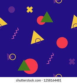 Abstract seamless colorful pattern in trendy memphis style. Background for printing brochure, poster, party, vintage textile design, sport wear. Retro 80's - 90's style. Eps 10 vector illustration.