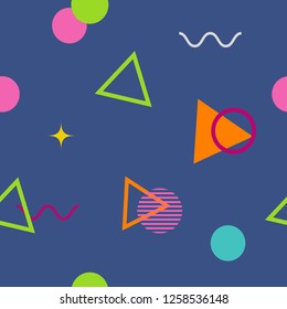 Abstract seamless colorful pattern in trendy memphis style. Background for printing brochure, poster, vintage textile design, cover, banner. Retro 80's - 90's style. Eps 10 vector illustration.