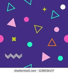 Abstract seamless colorful pattern in trendy memphis style. Background for printing brochure, poster, vintage textile design, cover, banner. Retro 80's - 90's style. Eps 10 vector illustration.