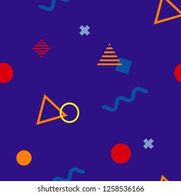 Abstract seamless colorful pattern in trendy memphis style. Background for printing brochure, poster, vintage textile design, cover, banner. Retro 80's - 90's style. Eps 10 vector illustration.