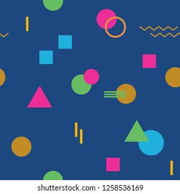 Abstract seamless colorful pattern in trendy memphis style. Background for printing brochure, poster, vintage textile design, cover, banner. Retro 80's - 90's style. Eps 10 vector illustration.