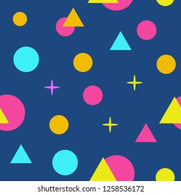 Abstract seamless colorful pattern in trendy memphis style. Background for printing brochure, poster, vintage textile design, cover, banner. Retro 80's - 90's style. Eps 10 vector illustration.