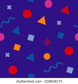 Abstract seamless colorful pattern in trendy memphis style. Background for printing brochure, poster, vintage textile design, cover, banner. Retro 80's - 90's style. Eps 10 vector illustration.