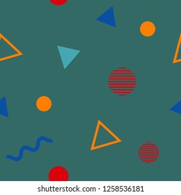 Abstract seamless colorful pattern in trendy memphis style. Background for printing brochure, poster, vintage textile design, cover, banner. Retro 80's - 90's style. Eps 10 vector illustration.