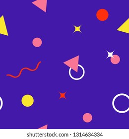 Abstract seamless colorful pattern in trendy memphis style. Background for printing brochure, poster, party, vintage textile design, sport wear. Retro 80's - 90's style. Eps 10 vector illustration.