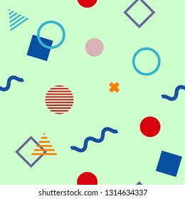 Abstract seamless colorful pattern in trendy memphis style. Background for printing brochure, poster, party, vintage textile design, sport wear. Retro 80's - 90's style. Eps 10 vector illustration.