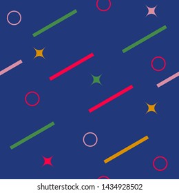 Abstract seamless colorful pattern in trendy memphis style. Background for printing brochure, poster, vintage textile design, cover, banner. Retro 80's - 90's style. Eps 10 vector illustration.