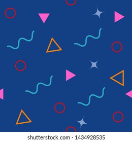 Abstract seamless colorful pattern in trendy memphis style. Background for printing brochure, poster, vintage textile design, cover, banner. Retro 80's - 90's style. Eps 10 vector illustration.