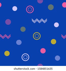 Abstract seamless colorful pattern in trendy memphis style. Background for printing brochure, poster, vintage textile design, cover, banner. Retro 80's - 90's style. Eps 10 vector illustration.