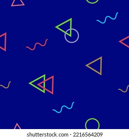 Abstract seamless colorful pattern in trendy memphis style. Background for printing brochure, poster, party, vintage textile design, sport wear. Retro 80's - 90's style. Eps 10 vector illustration.