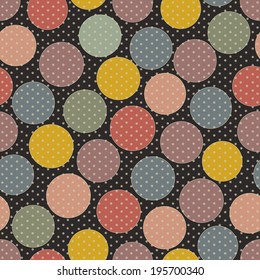 Abstract seamless colorful polka dot pattern on black background