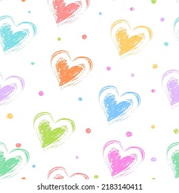 Abstract seamless colorful sketch heart pattern on white background. Grunge hearts repeat print. Romantic Endless ornament