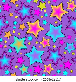 Resumen de un patrón de estrellas colorido sin fisuras. Fondo de escritorio sobre fondo morado. Antecedentes de moda, tela, textiles, niños, niñas, papelería y otros diseños.