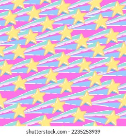 Abstract seamless colorful stars pattern . Wallpaper on purple background. Background for fashion, fabric, textile, kids, girl, stationery and other design.