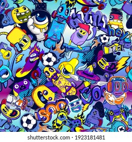 Abstract seamless comics monsters pattern. Colorful dude character repat print. Grunge street art repeated ornament.