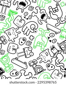 Abstract seamless comics monsters pattern. Colorful dude character repeat print. Grunge street art repeated ornament.