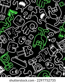 Abstract seamless comics monsters pattern. Colorful dude character repeat print. Grunge street art repeated ornament.