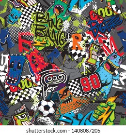 Abstract seamless comics pattern with monsters cartoon character, graffiti text, grunge elements. Repeating ornament for sport textile, clothesx, wrapping paper.