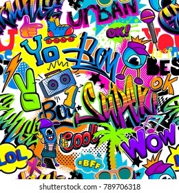 Abstract seamless comics pattern with palm tree, hand, roller, speech cloud, microphone, sunglasses, record player, graffiti style text Yo, boy, super, grunge, urban, cool, wow, lol, bff, ok. 