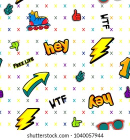 Abstract seamless comics style pattern with cartoon drawing sign arrow, lightning,  nombre one, hand ok, victory, word hey, wtf, free life, roller skates, sunglasses. teenagers repeated backdrop 