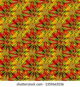 Abstract seamless complex mosaic pattern in red, green and yellow tones. Great for decorating fabrics, textiles, gift wrapping design, any printed materials, advertising, or other design.