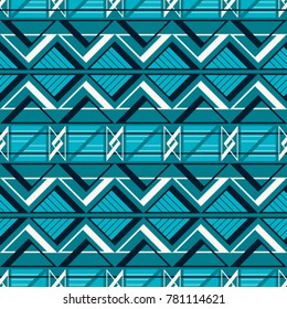 Abstract seamless complex pattern of triangular geometric elements in blue and white colors