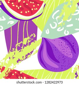 Abstract Seamless contemporary vector pattern south fruits and prints, figs and leafs. Vector modern background for your design menu, poster, paper, textile, cloth, ect.